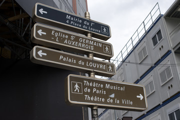 Sign post pointing towards famous landmarks and tourist sites in Paris,France