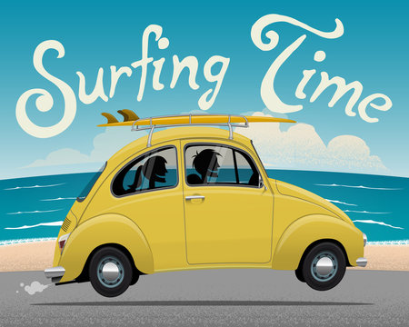 Summer Vacation Surfing Trip Themed vector illustration of the vintage car with the couple inside