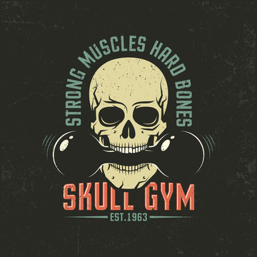 Vintage color emblem with a skull and dumbbell. Grunge texture on separate layers and can be easily disabled.