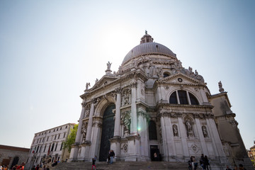 Fototapeta na wymiar 23 APRIL 2017, VENICE - ITALY. Venecian Santa Maria della Salute Basilica Church. Sunny Day. Daylight.
