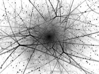 Glowing network connections in space, inverted black and white texture