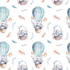 Foto auf Acrylglas Nettes Babykaninchentiernahtloses Muster, Waldillustration für Kinderkleidung. Waldaquarell Handgezeichnetes Boho-Bild für Gehäusedesign, Kinderzimmerplakate © kris_art
