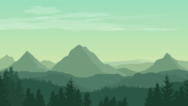 Landscape with green silhouettes of mountains, hills and forest and clouds in the sky - vector illustration