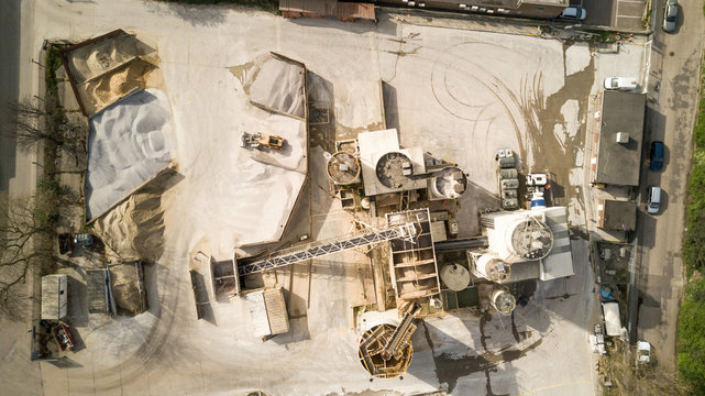 Cement works, London. High angle aerial drone photograph giving a birds eye view of a cement factory.
