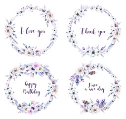 Watercolor floral wreath. Watercolour natural frame: leaves, feathers, flowers, birds. Isolated on white background. Artistic decoration illustration. Save the date.