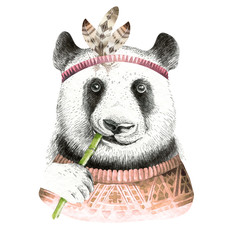 Ilustracja akwarela panda. Czeskie słodkie zwierzę. Styl Boho. Druk sztuki pielęgniarskiej. Kolekcja piór - 147500180