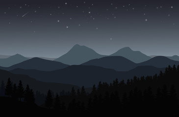 Night landscape with silhouettes of mountains, hills and forest and stars in the sky - vector illustration