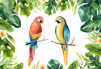 Hand drawn watercolor tropical plants set and  parrot. Exotic palm leaves, jungle tree, brazil tropic borany elements and parrots. Perfect for fabric design. Aloha art.