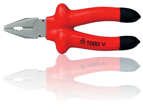 Insulated 1000V red pliers hand tool for electrician on white background with reflection