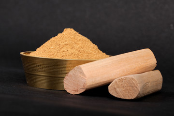 Chandan or sandalwood, sandalwood sticks, perfume, selective focus, powder