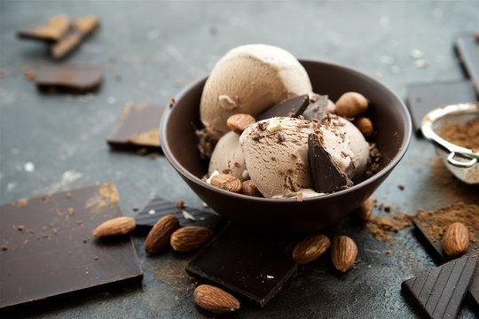 Chocolate ice cream and chocolate on dark brown structural background 
