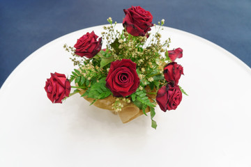Beautiful red roses in the vase on white round table and blue background