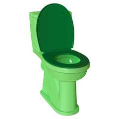 Зеленый керамический унитаз с поднятой пластиковой крышкой и опущенным сидением, изолированный на белом фоне