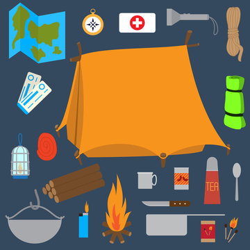 Travel and camping essentials set in flat style isolated on dark background. Colorful vector illustration with map, compass, flashlight, first aid kit, rope, tickets and other tools.