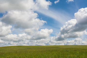 Wiese, Wolken, blauer Himmel