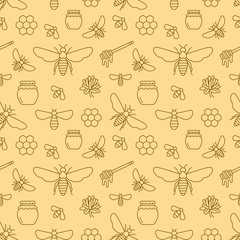Beekeeping seamless pattern, apiculture vector illustration. Apiary thin line icons bee, beehive, honeycomb, barrel. Cute repeated texture yellow color for honey processing business