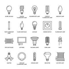 Light bulbs flat line icons. Led lamps types, fluorescent, filament, halogen, diode and other illumination. Thin linear signs for idea concept, electric shop