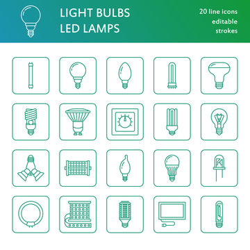 Light bulbs flat line icons. Led lamps types, fluorescent, filament, halogen, diode and other illumination. Thin linear signs for idea concept, electric shop. Green color