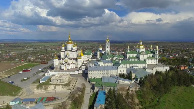 Aerial view of Pochaev Monastery, Orthodox Church, Pochayiv Lavra at the day, Ukraine
