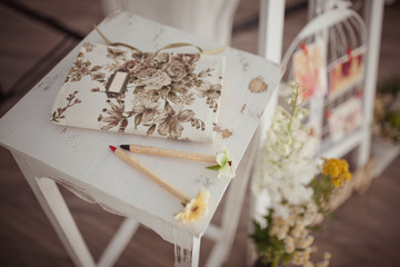 Closeup shot of the wedding decoration elements  at daylight