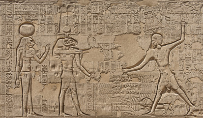 Hieroglyphic carvings on an ancient egyptian temple wall