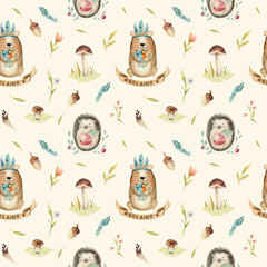 Cute baby hedgehog  and bear animal seamless pattern for kinderg