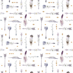 Watercolor boho seamless pattern with teepee, arrows and feather © kris_art