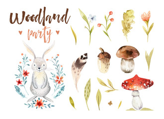 Cute baby bunny animal nursery isolated illustration for children. Watercolor boho forest drawing, watercolour, rabbit image Perfect for nursery posters