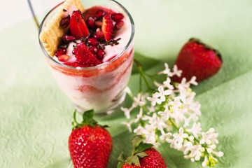 Sweet pudding,strawberry and flower.