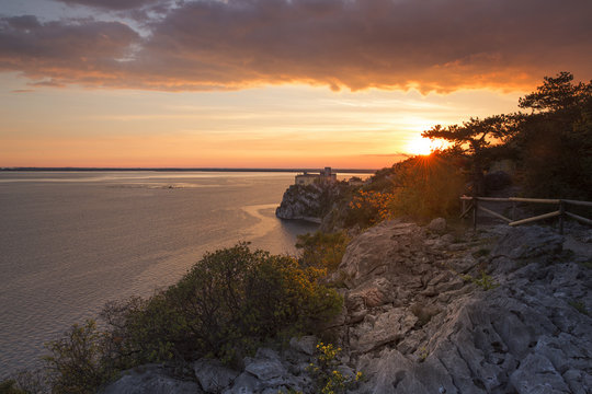 The Duino castle at sunset from the Rilke trail, Trieste,Italy