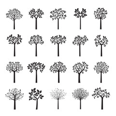 Set black Trees and Leafs. Vector Illustration.