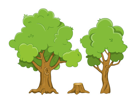 Set of cartoon vector trees isolated on white background