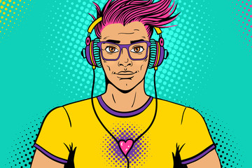 Young sexy handsome man with wide smile in glasses and headphones listening to the music. Vector colorful background in pop art retro comic style. Party invitation poster.