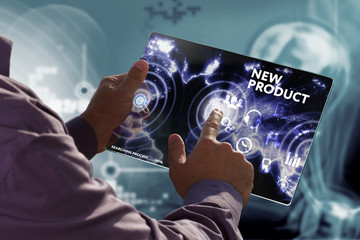 Business, Technology, Internet and network concept. Young businessman working on a virtual screen of the future and sees the inscription: New product