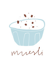 Cartoon muesli bowl. Breakfast vector illustration on the white background