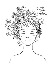 Black line vector drawing of girl's portrait with ornamental hair and flying butterfly - coloring page