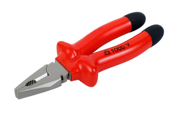 Insulated 1000V red pliers hand tool for electrician, isolated on white background with clipping...