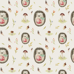  Cute baby hedgehog animal seamless pattern nursery isolated  illustration for children clothing. Watercolor Hand drawn boho image Perfect for phone cases design, posters, postcards © kris_art