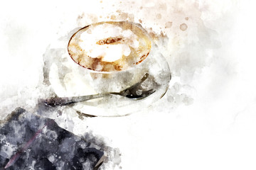 Abstract image of cup of coffee and book on paper texture background