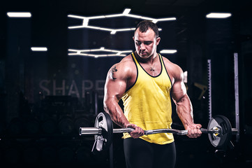 Muscular bodybuilder doing biceps exercise in gym - obrazy, fototapety, plakaty