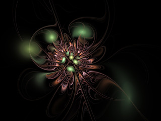 Abstract fractal green colored spots with brown lines. Computer-generated image.
