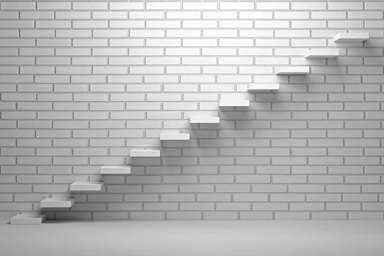 Ascending Stairs In Empty Room With White Brick Wall