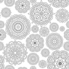 seamless pattern of black and white round mandalas. Coloring page book for adults