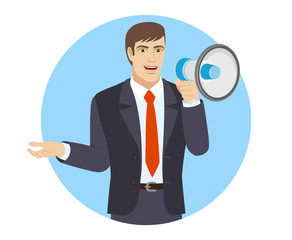 Businessman with loudspeaker gesturing