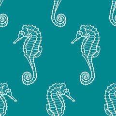 vector seamless pattern or seahorse contour. Hippocampus background © olhabocharova