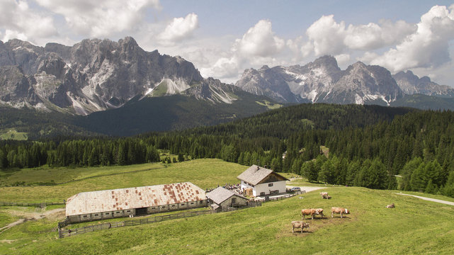 Alpe di Nemes hut and Sesto Dolomites in the background, South Tyrol,Italy