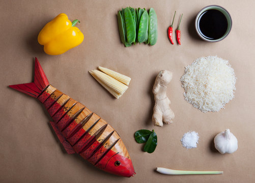 Toy fish with herbs and vegetables