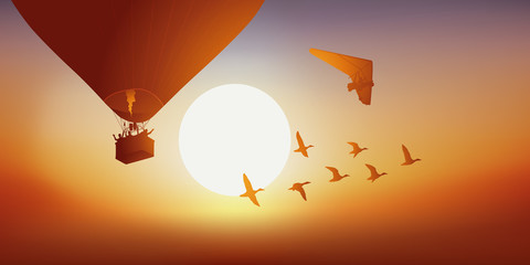 Obraz premium Balon na ogrzane powietrze - ULM - Zachód słońca - lot kaczki,
