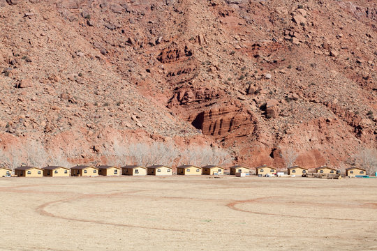 Row of huts by canyon, Moab, Utah, USA