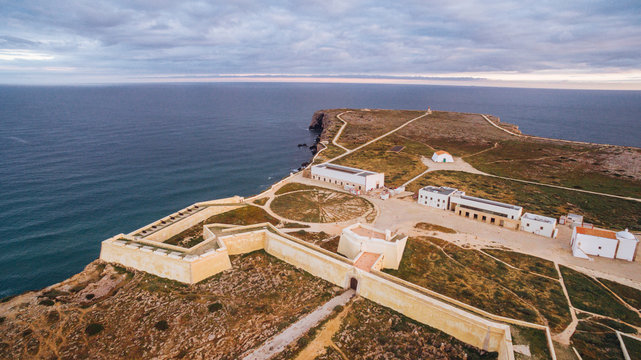 Aerial view of Sagres Fortress at evening aerial view, Portugal
